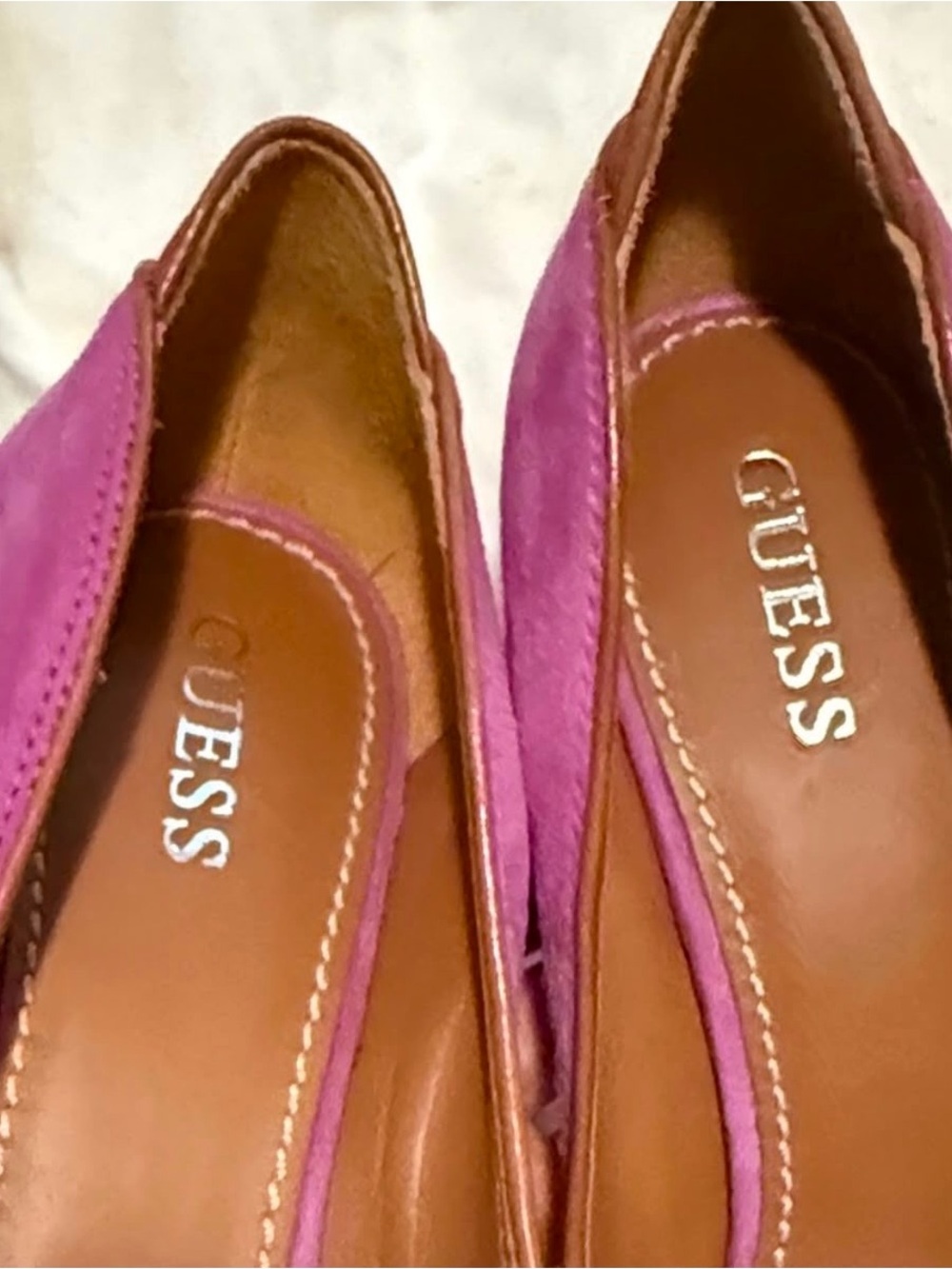 GUESS Pink Suede Peep-Toe Heels with Brown Trim & Buckle - Picture 4 of 7